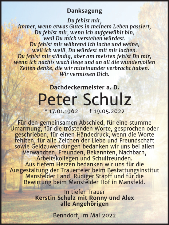 Traueranzeige von Peter Schulz von Trauerkombi Mansfelder Land