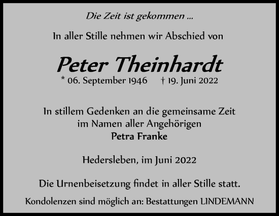 Traueranzeige von Peter Theinhardt von Trauerkombi Quedlinburg