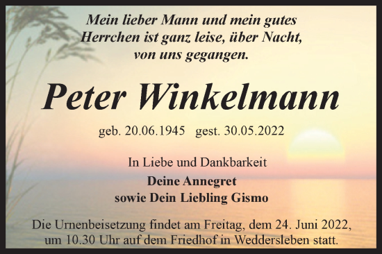 Traueranzeige von Peter Winkelmann von Trauerkombi Quedlinburg