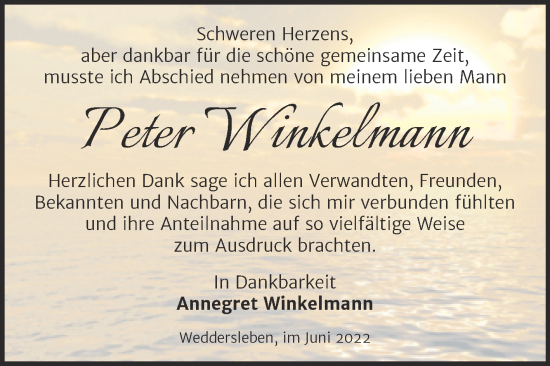 Traueranzeige von Peter Winkelmann von Trauerkombi Quedlinburg