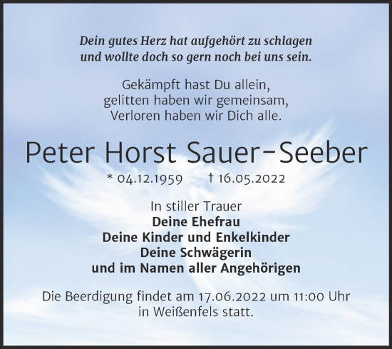 Traueranzeige von Peter Horst Sauer-Seeber von Trauerkombi Weißenfels