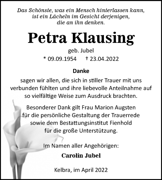 Traueranzeige von Petra Klausing von Trauerkombi Sangerhausen