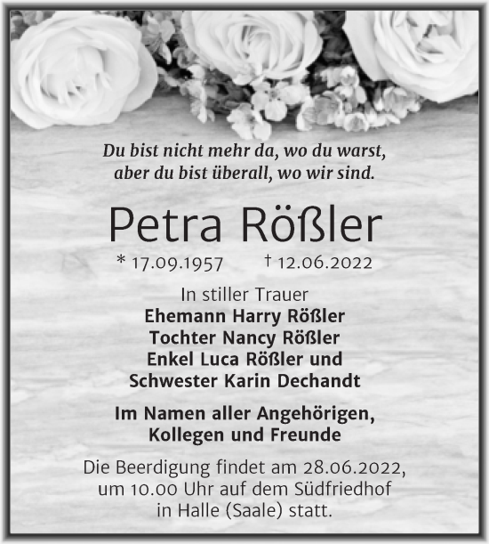 Traueranzeige von Petra Rößler von Mitteldeutsche Zeitung Halle/Saalkreis