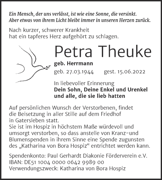 Traueranzeige von Petra Theuke von Trauerkombi Wittenberg
