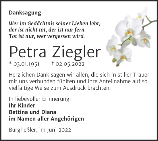 Traueranzeige von Petra Ziegler von Wochenspiegel Naumburg/Nebra