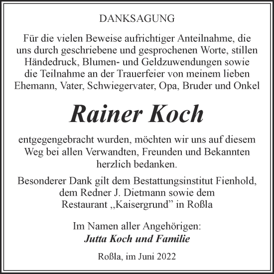 Traueranzeige von Rainer Koch von Trauerkombi Sangerhausen
