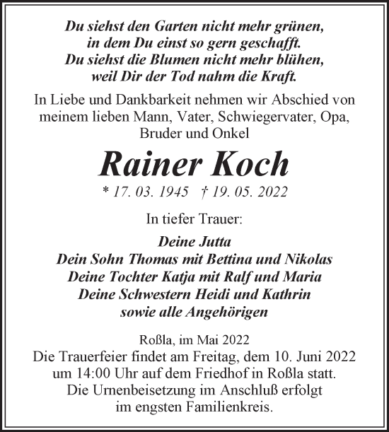 Traueranzeige von Rainer Koch von Trauerkombi Sangerhausen
