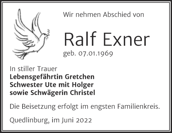 Traueranzeige von Ralf Exner von Trauerkombi Quedlinburg