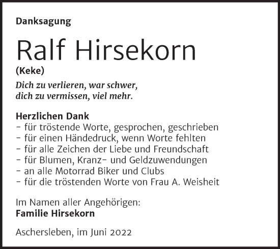 Traueranzeige von Ralf Hirsekorn von Trauerkombi Aschersleben