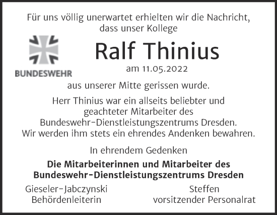 Traueranzeige von Ralf Thinius von Mitteldeutsche Zeitung Halle/Saalkreis