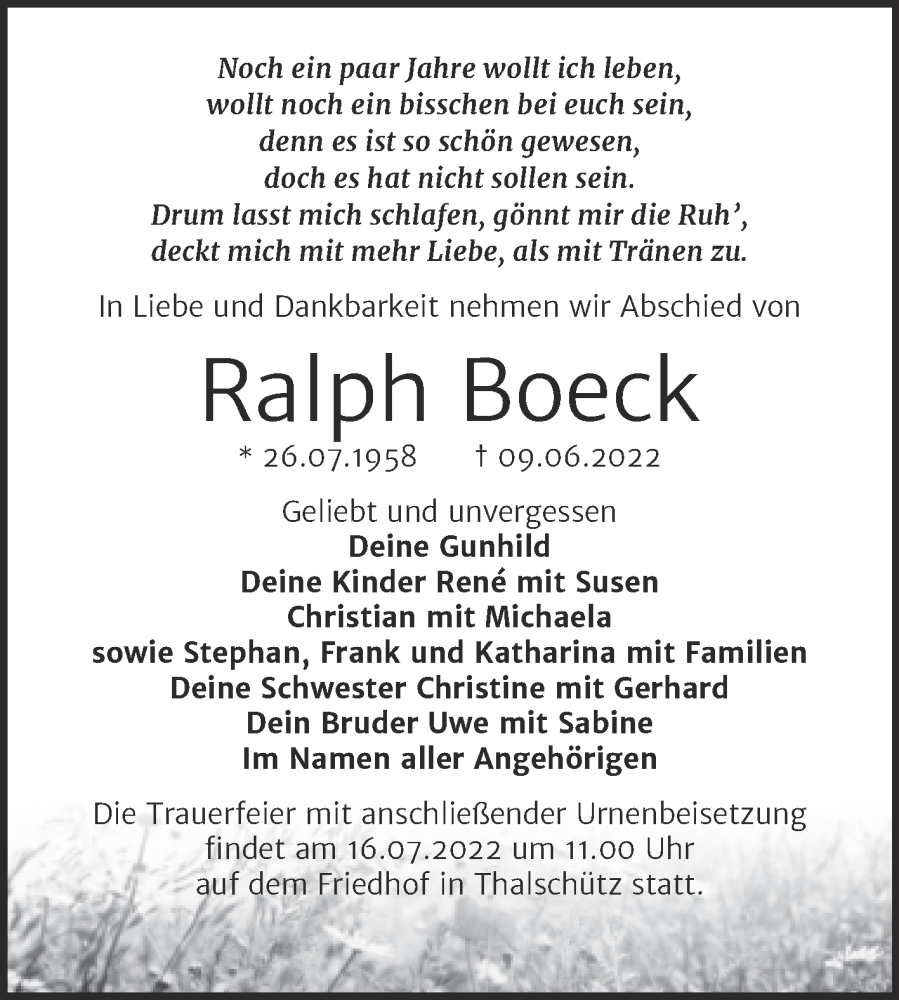  Traueranzeige für Ralph Boeck vom 30.06.2022 aus Trauerkombi Merseburg