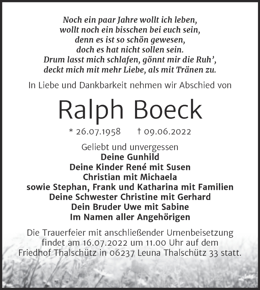  Traueranzeige für Ralph Boeck vom 30.06.2022 aus Trauerkombi Bitterfeld
