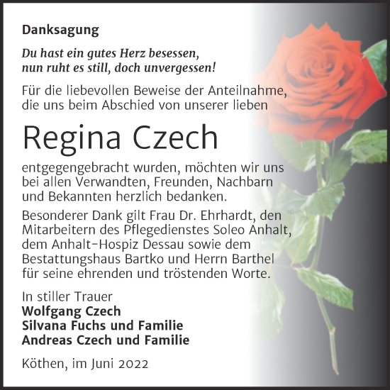 Traueranzeige von Regina Czech von Trauerkombi Köthen