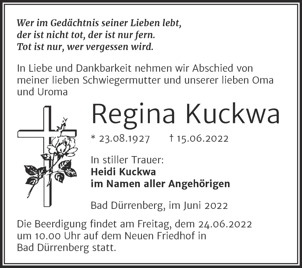  Traueranzeige für Regina Kuckwa vom 18.06.2022 aus Mitteldeutsche Zeitung Merseburg/Querfurt