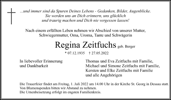 Traueranzeige von Regina Zeitfuchs von Trauerkombi Dessau