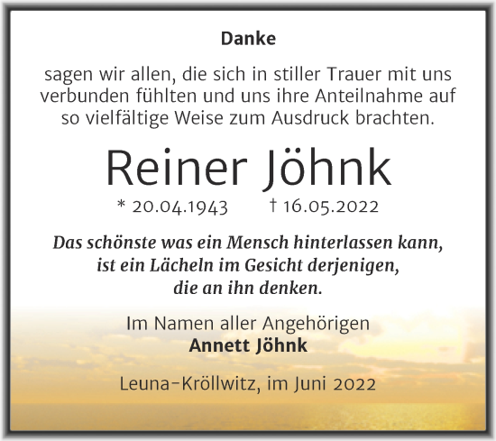 Traueranzeige von Reiner Jöhnk von Trauerkombi Merseburg