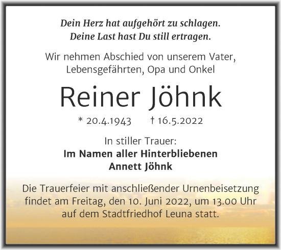 Traueranzeige von Reiner Jöhnk von Trauerkombi Merseburg