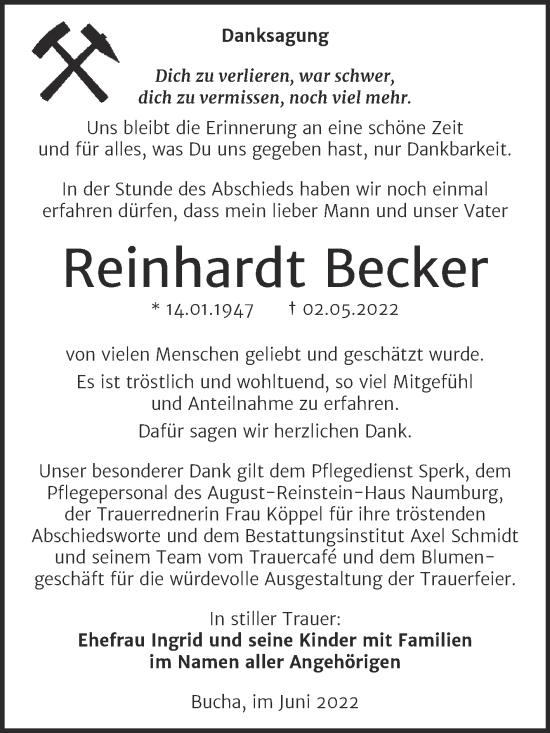 Traueranzeige von Reinhardt Becker von Wochenspiegel Naumburg/Nebra