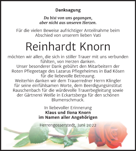 Traueranzeige von Reinhardt Knorn von Wochenspiegel Naumburg/Nebra