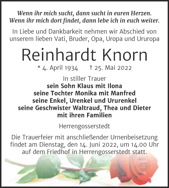 Traueranzeige von Reinhardt Knorn von Wochenspiegel Naumburg/Nebra