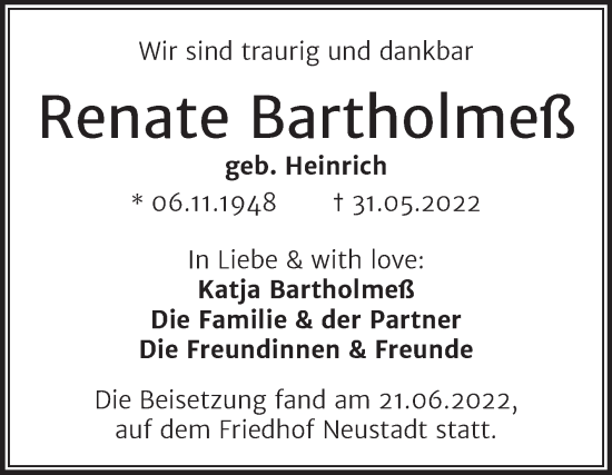 Traueranzeige von Renate Bartholmeß von Mitteldeutsche Zeitung Halle/Saalkreis