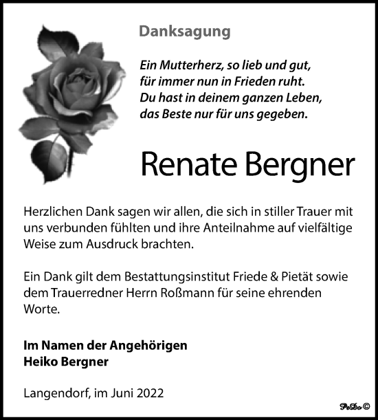Traueranzeige von Renate Bergner von Trauerkombi Weißenfels