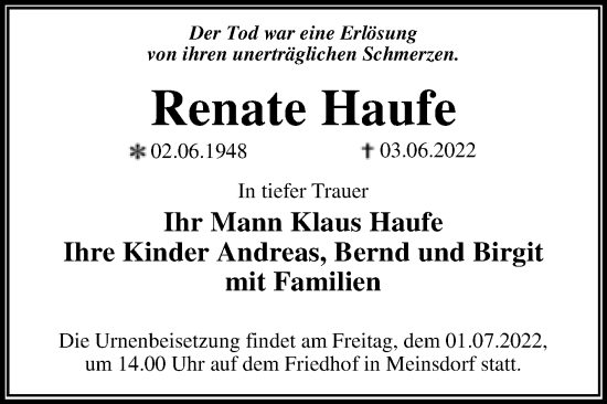 Traueranzeige von Renate Haufe von Trauerkombi Dessau
