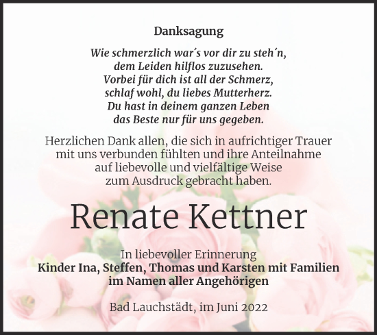 Traueranzeige von Renate Kettner von Trauerkombi Merseburg