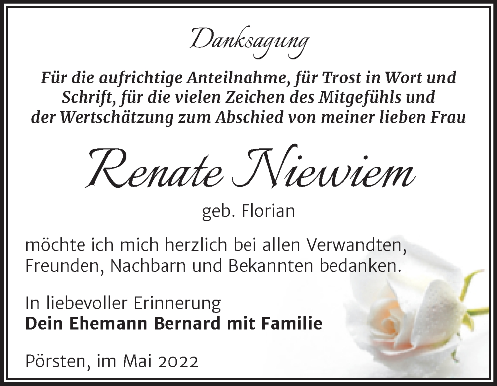  Traueranzeige für Renate Niewiem vom 22.06.2022 aus Trauerkombi Weißenfels