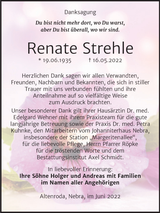 Traueranzeige von Renate Strehle von Naumburger Tageblatt