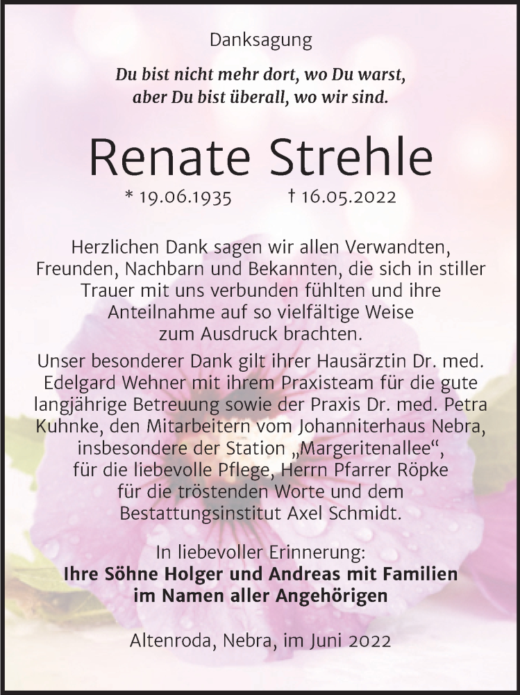  Traueranzeige für Renate Strehle vom 04.06.2022 aus Naumburger Tageblatt