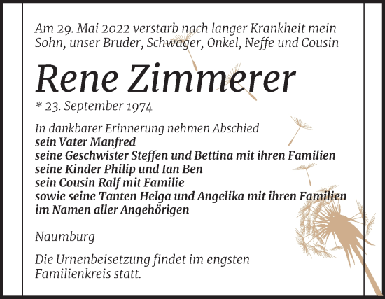 Traueranzeige von Rene Zimmerer von Naumburger Tageblatt