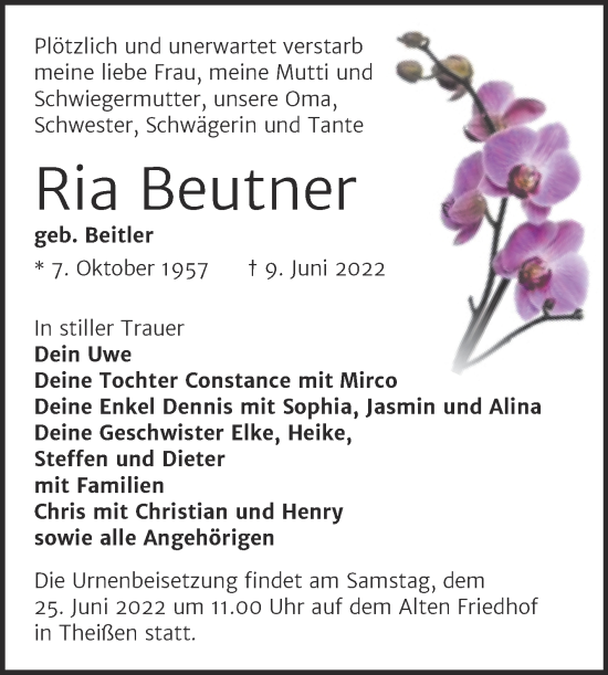 Traueranzeige von Ria Beutner von Trauerkombi Zeitz