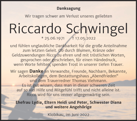 Traueranzeige von Riccardo Schwingel von Trauerkombi Merseburg