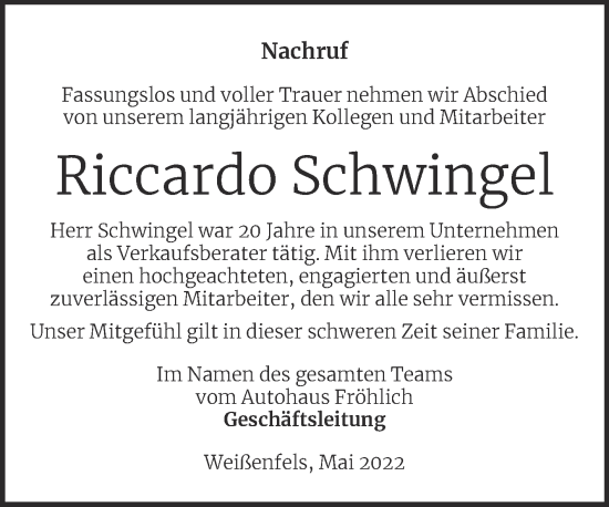 Traueranzeige von Riccardo Schwingel von Super Sonntag Merseburg/Querfurt
