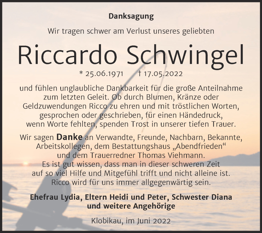  Traueranzeige für Riccardo Schwingel vom 25.06.2022 aus Trauerkombi Merseburg