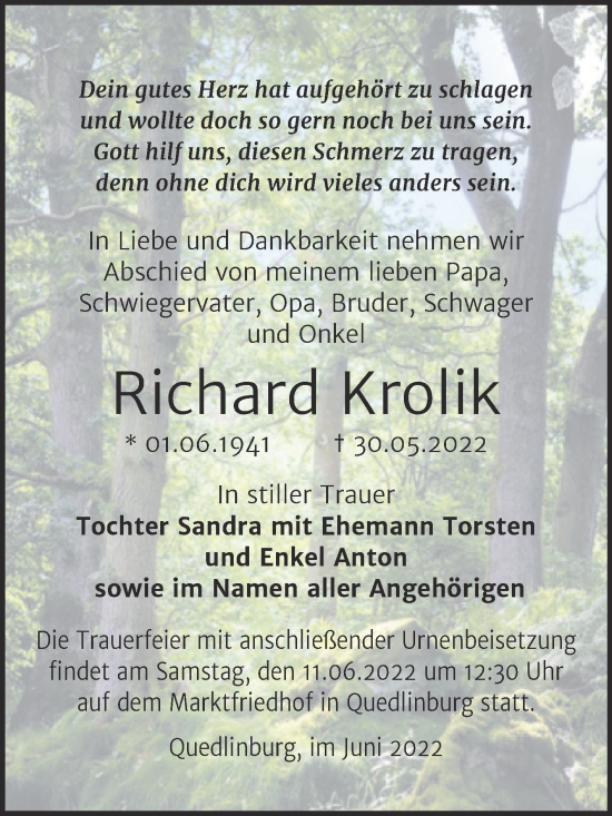 Traueranzeige von Richard Krolik von Trauerkombi Quedlinburg