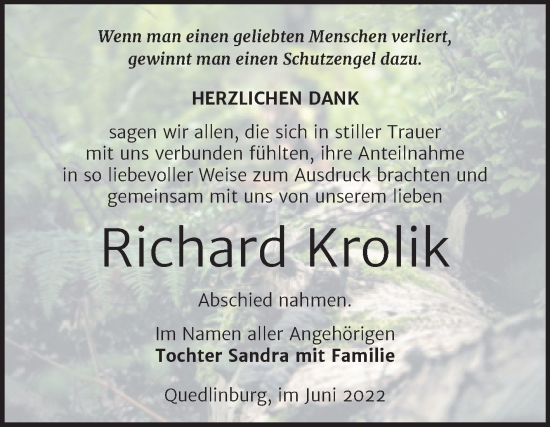 Traueranzeige von Richard Krolik von Trauerkombi Quedlinburg