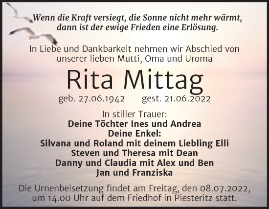 Traueranzeige von Rita Mittag von Trauerkombi Wittenberg