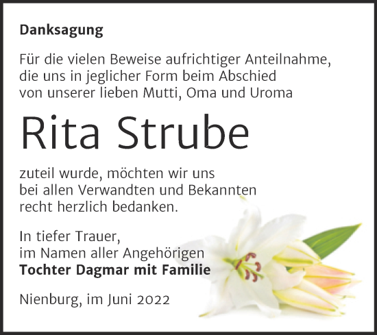 Traueranzeige von Rita Strube von Trauerkombi Bernburg