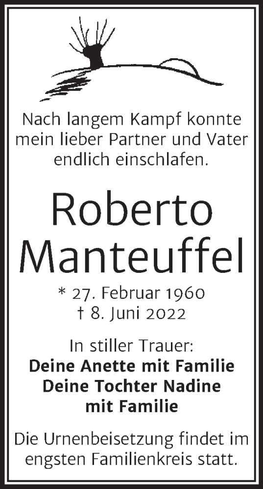  Traueranzeige für Roberto Manteuffel vom 22.06.2022 aus Trauerkombi Weißenfels