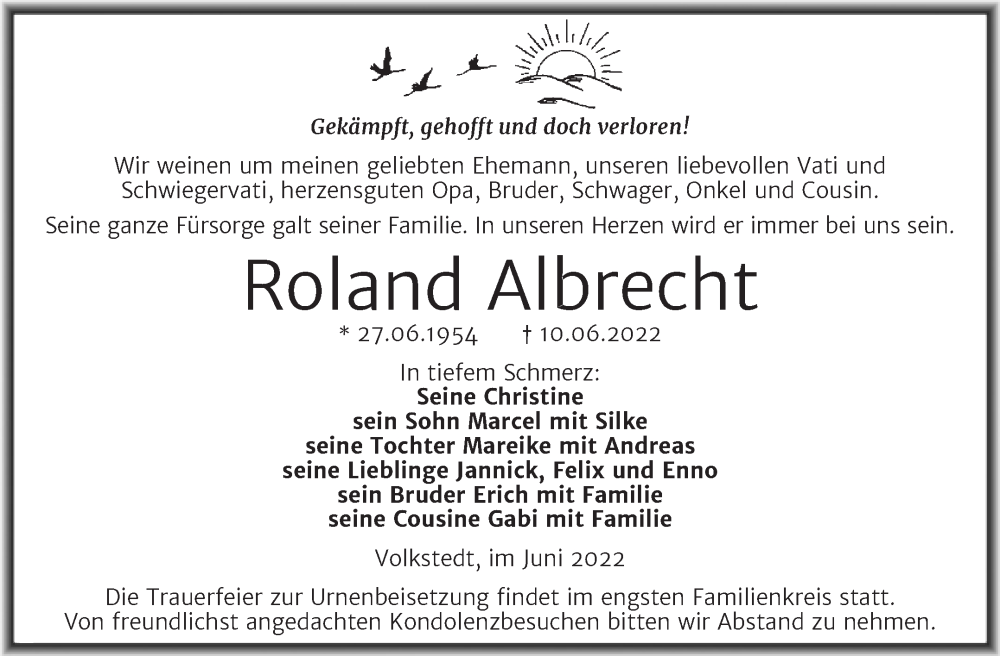  Traueranzeige für Roland Albrecht vom 16.06.2022 aus Trauerkombi Mansfelder Land