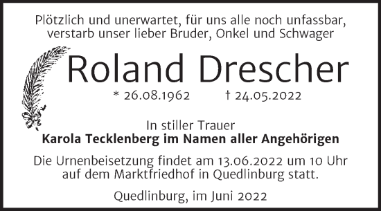 Traueranzeige von Roland Drescher von Trauerkombi Quedlinburg