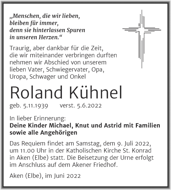 Traueranzeige von Roland Kühnel von Trauerkombi Köthen