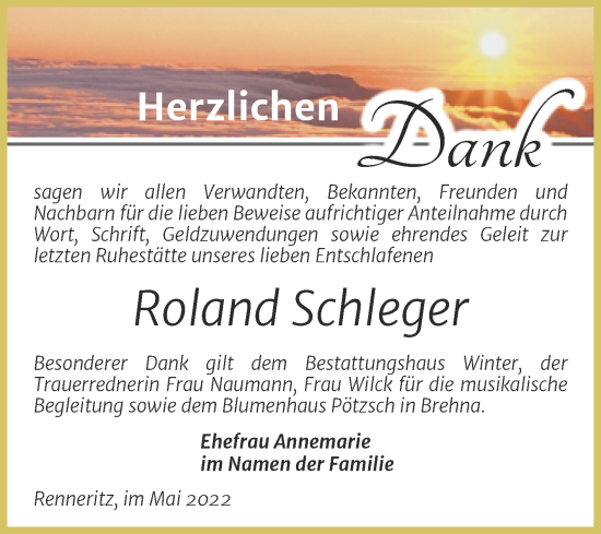 Traueranzeige von Roland Schleger von Trauerkombi Bitterfeld