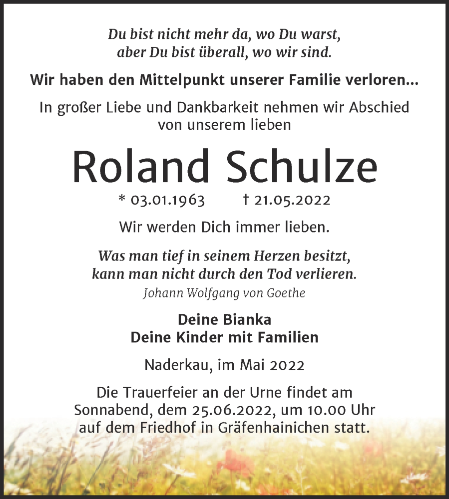 Traueranzeige für Roland Schulze vom 11.06.2022 aus Trauerkombi Wittenberg