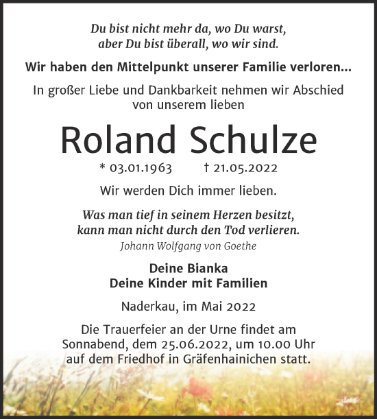 Traueranzeige von Roland Schulze von Trauerkombi Wittenberg