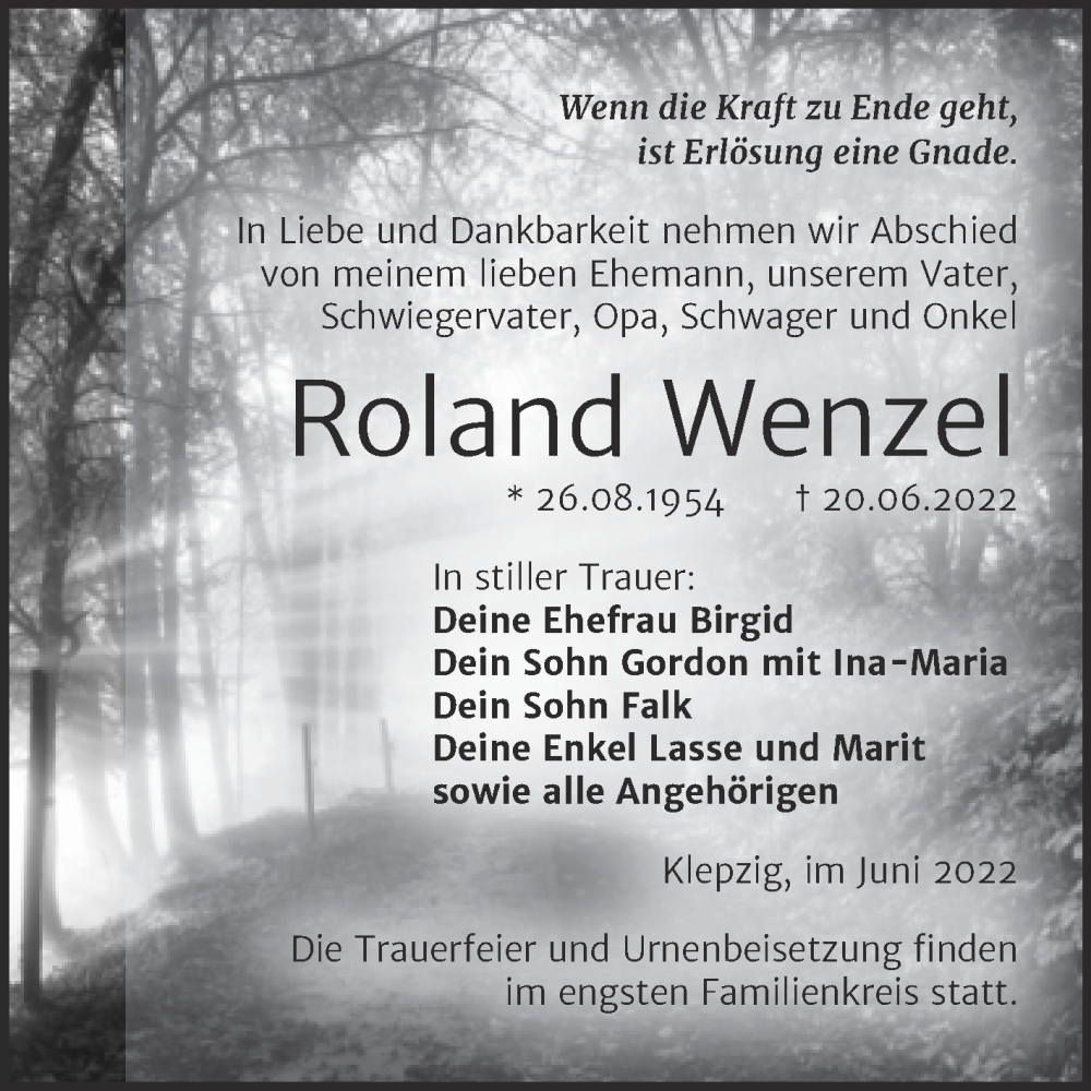  Traueranzeige für Roland Wenzel vom 25.06.2022 aus Trauerkombi Köthen
