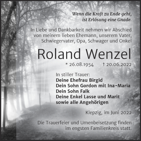Traueranzeige von Roland Wenzel von Trauerkombi Köthen