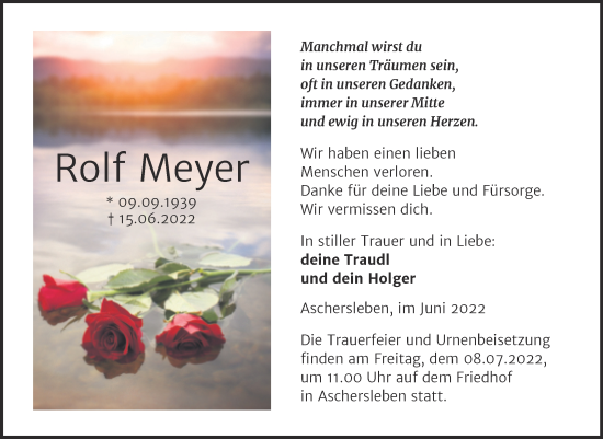 Traueranzeige von Rolf Meyer von Trauerkombi Aschersleben